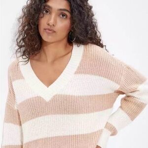 American Eagle Striped V-Neck Sweater - Cream and Tan